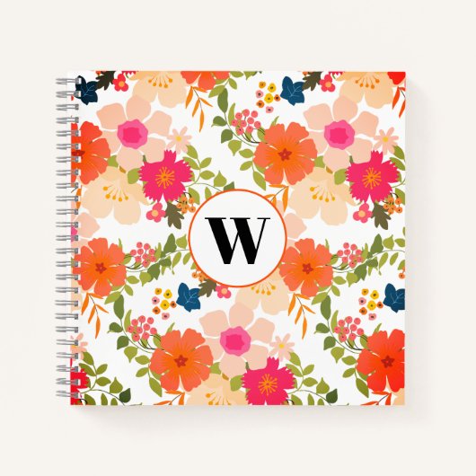 Monogram Orange Floral Muster Spiral Notebook Notizblock (Vorderseite)