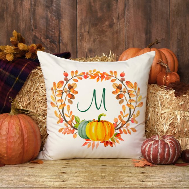 Monogram Orange Kariert Tartan Fall Pumpkin Floral Kissen (Von Creator hochgeladen)