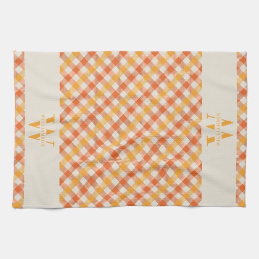 Monogram Orange Red Gingham Kariert Farm Geschirrtuch (Horizontal)