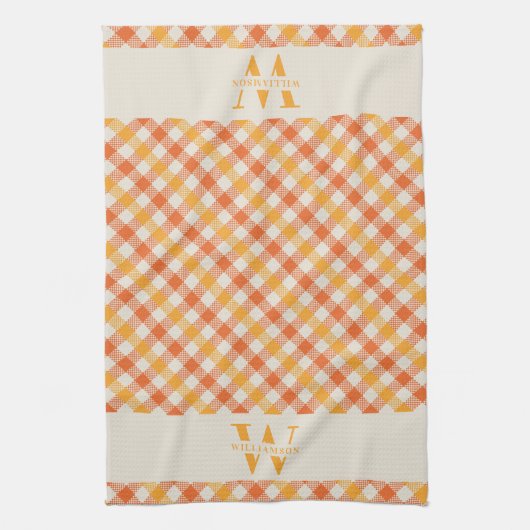 Monogram Orange Red Gingham Kariert Farm Geschirrtuch (Vertikal)