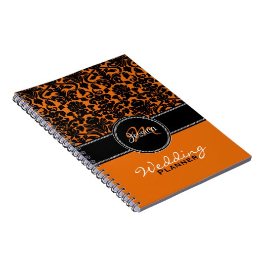 Monogram Orange Schwarz-weiß Damask Hochzeitsplane Notizblock (Rechte Seite)