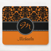 Monogram Orange Schwarz-weiß Damask Mousepad (Vorne)
