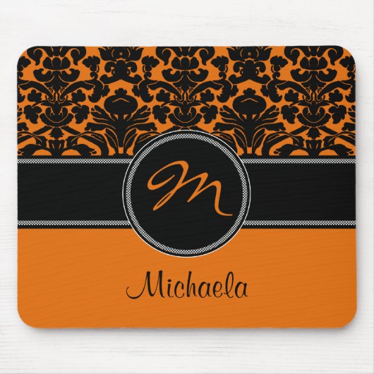 Monogram Orange Schwarz-weiß Damask Mousepad (Vorne)