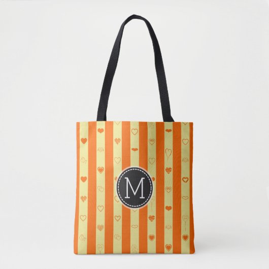 Monogram Orange Stripes Modernes Herzmuster Tasche (Vorderseite)