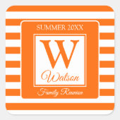 Monogram Orange Stripes Summer Family Wiedersehen Quadratischer Aufkleber (Vorderseite)