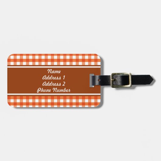 Monogram Orange und White Gingham Muster Gepäckanhänger (Vorderseite horizontal)