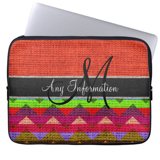 Monogram Orange Zickzack Zigzag Burlap Jute Laptopschutzhülle (Vorderseite)