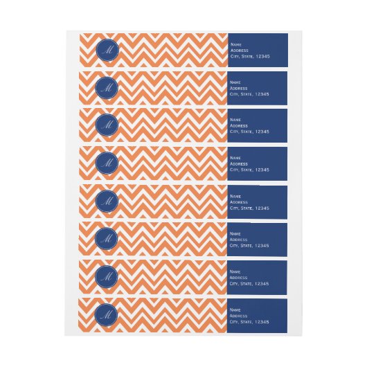 Monogram Orange Zigzag Muster mit Royal Blue Rundum-Adressaufkleber (Bogen)