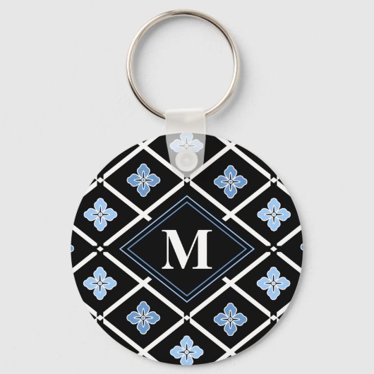 Monogram Oriental Blue Sakura Muster Schlüsselanhänger (Vorderseite)