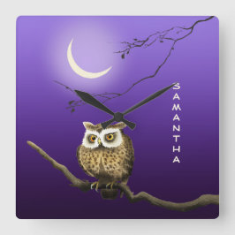Monogram Owl Night Moon Blue Square Wall Clock Quadratische Wanduhr
