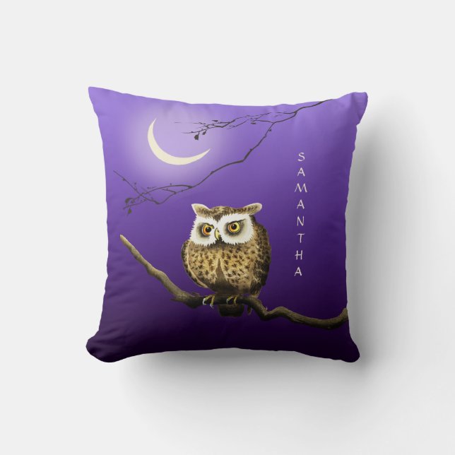Monogram Owl Night Moon Dark Blue Throw Kissen (Vorderseite)