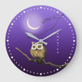Monogram Owl Night Moonlight Deep Blue Wall Clock Große Wanduhr
