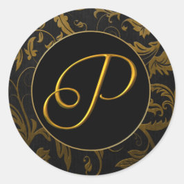 Monogram P Gold and Black Damask Wedding Siegel Runder Aufkleber