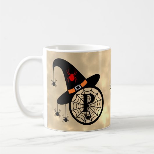 Monogram P Halloween Sky Hexenspinnen Name Kaffeetasse (Links)