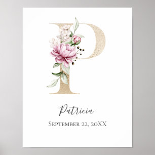 Monogram P Pink White Floral Gold Letter Kinderzim Poster