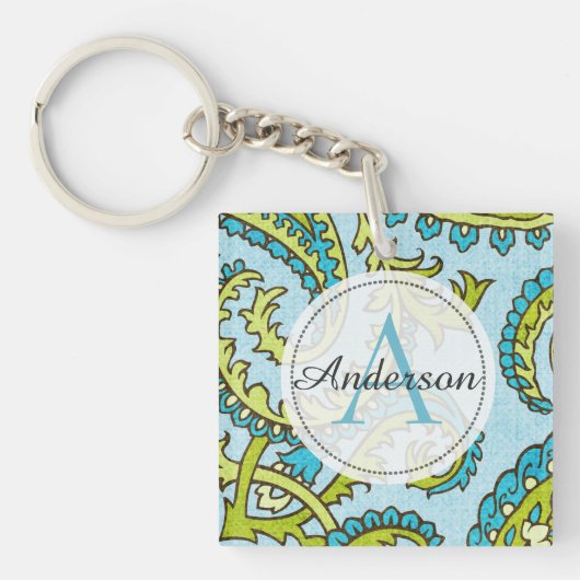 Monogram Paisley Colorful Aqua Boho Trendy Chic Schlüsselanhänger (Vorderseite)