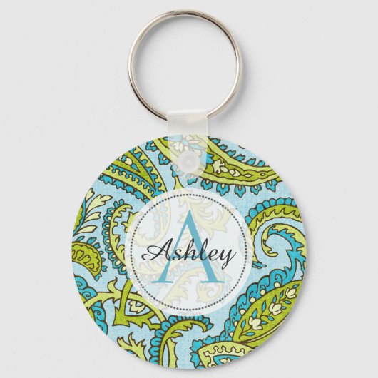 Monogram Paisley Colorful Aqua Boho Trendy Chic Schlüsselanhänger (Vorderseite)