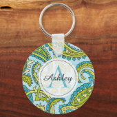 Monogram Paisley Colorful Aqua Boho Trendy Chic Schlüsselanhänger (Vorderseite)