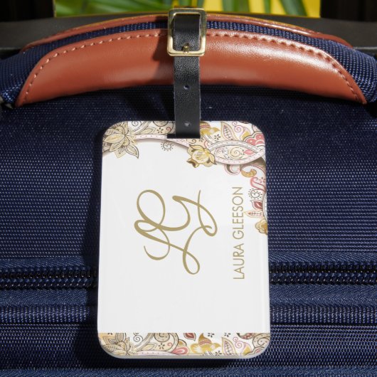 Monogram Paisley Gold Ruby Luxury Elegantes Script Gepäckanhänger (Vorderseite Insitu 2)