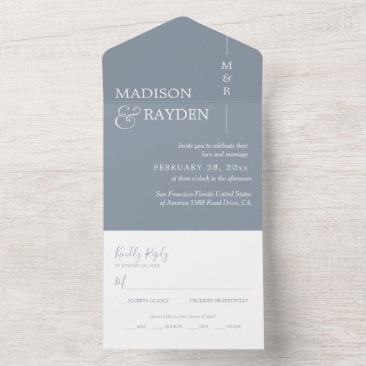 Monogram Pale Blau-Weiß-Hochzeit All In One Einladung (Innen Boden)