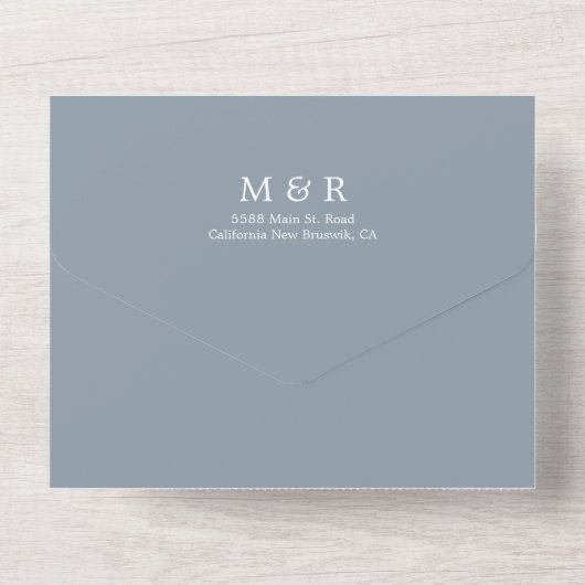 Monogram Pale Blau-Weiß-Hochzeit All In One Einladung (Rückseite)