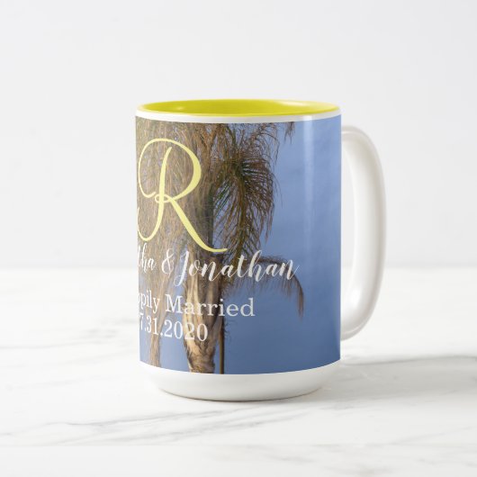 Monogram Palm Trees Hochzeitsstipps-Tasse Zweifarbige Tasse (VorderseiteRechts)