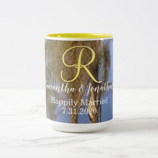 Monogram Palm Trees Hochzeitsstipps-Tasse Zweifarbige Tasse (Mittel)
