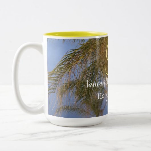 Monogram Palm Trees Hochzeitsstipps-Tasse Zweifarbige Tasse (Links)