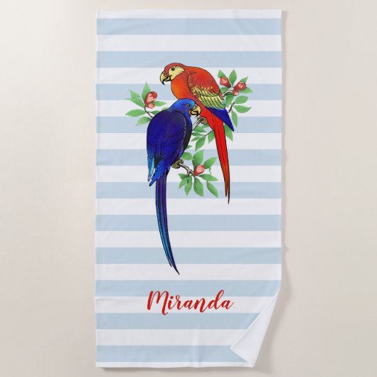 Monogram Parrots Blue Red Blume Strandtuch (Vorderseite)
