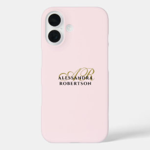Monogram Pastel Pink Gold Black Stilvoll Minimalis iPhone 16 Hülle