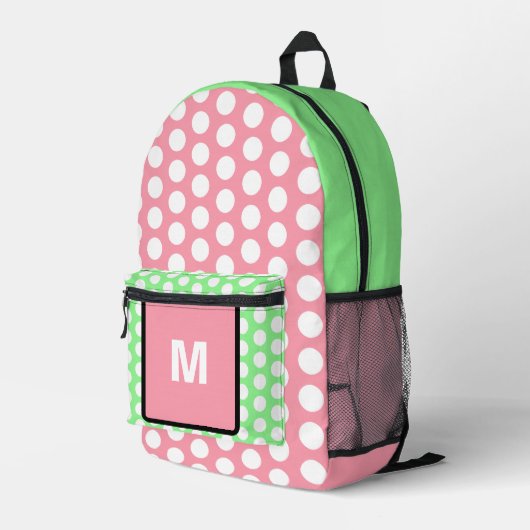 Monogram Pastel Pink Green White Polka Dots Bedruckter Rucksack (Rückseitige Ecke Rechts)