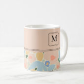 Monogram Pastel Pink Light Blue Blume Muster Kaffeetasse (VorderseiteRechts)