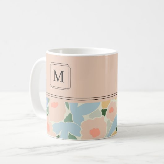 Monogram Pastel Pink Light Blue Blume Muster Kaffeetasse (Vorderseite Links)
