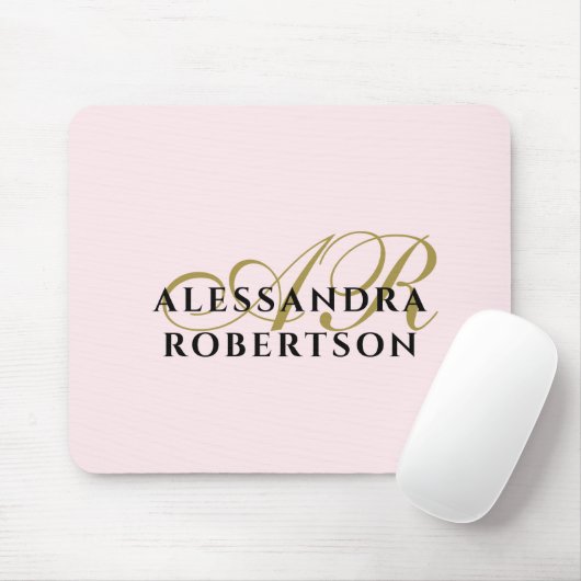 Monogram Pastel Pink Stylish Gold Black Minimalist Mousepad (Mit Mouse)