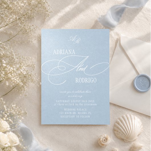 Monogram Pastell Blau Luxus-Hochzeit Einladung