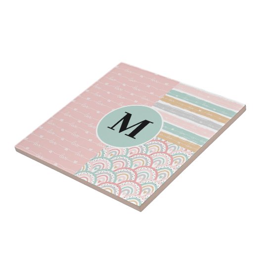 Monogram Patchwork Hearts Rainbow Keramik Tile Fliese (Seite)