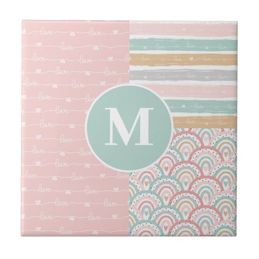 Monogram - Patchwork Hearts Rainbow Keramik Tile Fliese (Vorderseite)