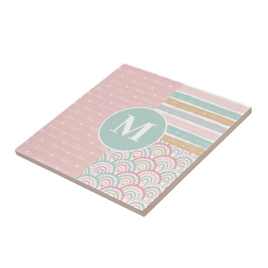 Monogram - Patchwork Hearts Rainbow Keramik Tile Fliese (Seite)