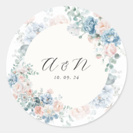 Monogram Peach Dusty Blue Faded Floral Wedding Runder Aufkleber