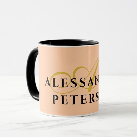 Monogram Peach Gold Black Name Minimalist Stylish Tasse (Vorderseite Links)