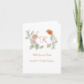 Monogram Peach Green Floral Wedding Danke (Vorderseite)