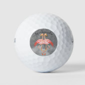 Monogram Peach name Two Pink Flamingos Golf Balls Golfball (Vorderseite)