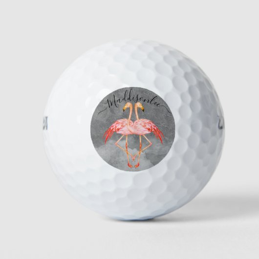 Monogram Peach name Two Pink Flamingos Golf Balls Golfball (Vorderseite)
