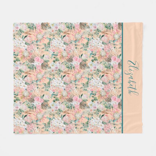 Monogram Peach Pink White Green Floral Eukalyptus Fleecedecke (Vorderseite (Horizontal))