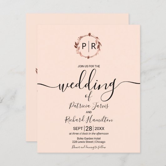 Monogram Peach Rose Budget Hochzeitseinladung (Vorne/Hinten)