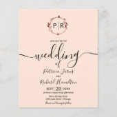 Monogram Peach Rose Budget Hochzeitseinladung (Vorderseite)