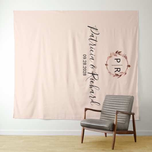 Monogram Peach Rose Gold Foil Wedding Background Wandteppich (Beispiel (Horizontal))