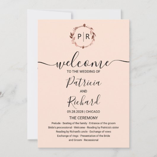 Monogram Peach Rose Gold Foil Wedding Program Einladung (Vorderseite)