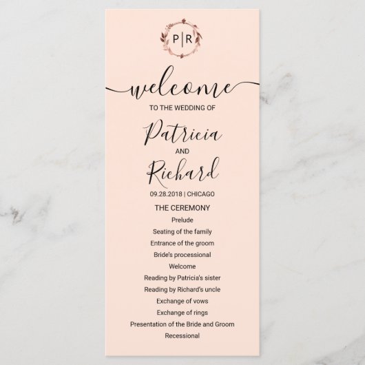 Monogram Peach Rose Gold Foil Wedding Program Programm (Vorderseite)