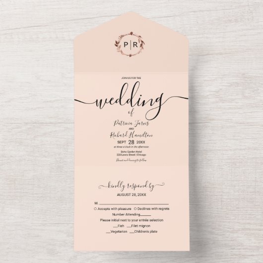 Monogram Peach Rose Hochzeit alle in einer Einladu All In One Einladung (Innen Boden)